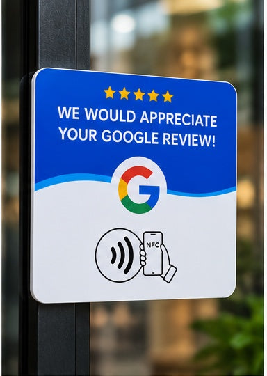 Standard NFC Google review plate mounted in a business setting