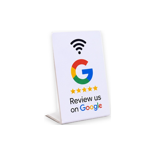 NFC Google review countertop stand on a clean white background