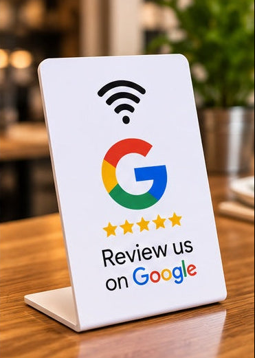 Google review NFC countertop stand in a customer-facing business setting
