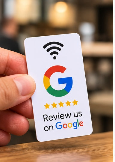 Google review tap card shown in a real business setting